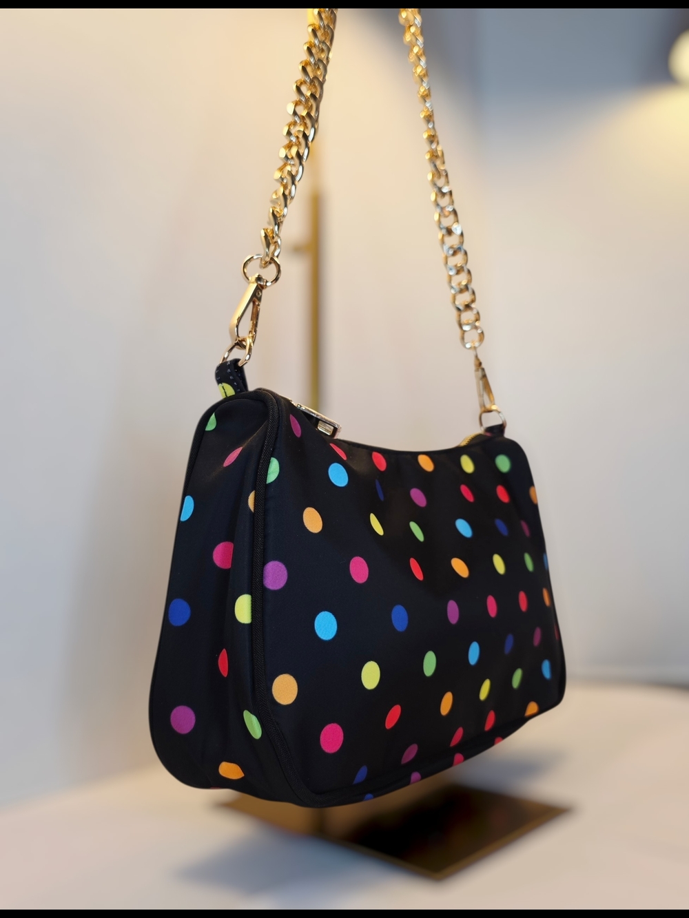 Black and Colorful Polka Dot Shoulder Bag with Gold Chain Strap  NWT - Picture 3 of 7